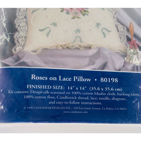 Vintage Candlewicking Embroidery Pillow Kit Candamar Designs Roses On Lace 80198 - Picture 2 of 7